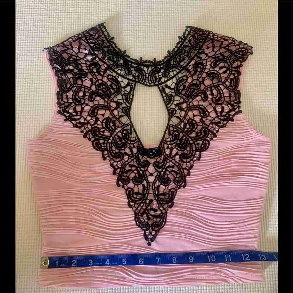 Pink Lace Applique Crop Top with Black Crochet Detail
